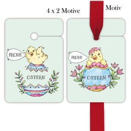Adorable Easter gift tags featuring chicks hatched in Easter eggs with the text "Happy Easter". The tags have a floral wreath design and come in a set of 8.
