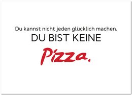 A greeting card with the text "You are not just any pizza" in German. The card features a simple design with the text in red against a white background.