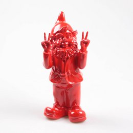  Red gnome figurine with peace hand gesture, tall decorative object, ceramic statue