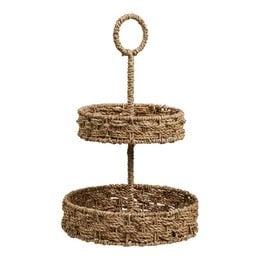  Seagrass serving tray with two-tier design, natural earthy tones, round shape, suitable for displaying and serving food or decor items.