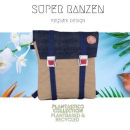 A plant-based and recycled denim school bag with a navy blue and beige color scheme, featuring a simple and minimalist design.