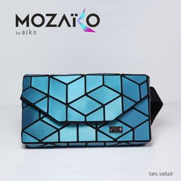 Geometric patterned electric blue waist bag with adjustable strap and zipper closure.