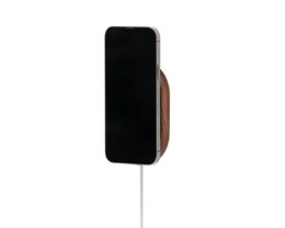 Walnut MagSafe iPhone wall mount with oval shape and black phone holder.