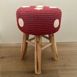 Luna-Leena stool with a mushroom cover red -  cotton & wood - hand crocheted in Nepal