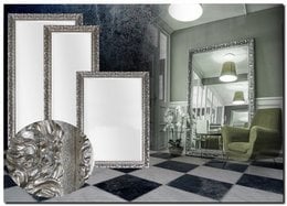 Large silver-framed mirror with ornate design, suitable for wall mounting in a living room or bedroom.