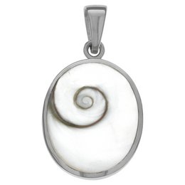 Oval-shaped pendant with a spiral shell design in the center, made of silver.