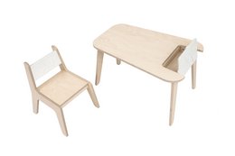 A white wooden table and chair set for kids, featuring a simple, minimalist design with a bird and berry motif.