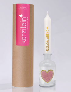 Glas mit Stabkerze und Patch Herz gold/rosa, weiß/gold "Mädelsabend"