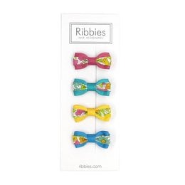 Set of 4 colorful hair bows in pink, green, blue, and yellow with floral and polka dot patterns. Suitable for kids' hair accessories.