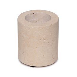  Beige travertine tea light holder, cylindrical shape, measures approximately 6cm in diameter and 7cm in height.