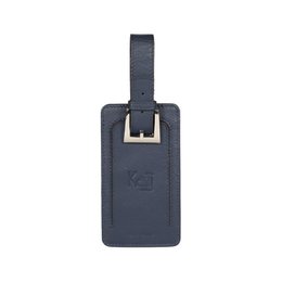  Genuine full grain leather luggage tag in blue color with adjustable strap. Dimensions: 12 x 6.5 x 1 cm. Packaged in a rigid bottom/lid gift box.