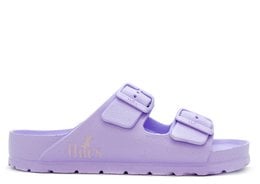 Lavender vegan sandal with EVA material and two adjustable buckle straps.