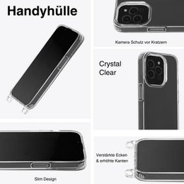 Crystal clear mobile phone case for iPhone 12, 13, 14, and 15 series. Slim design with transparent material to showcase the phone's design. Compatible with multiple iPhone models.