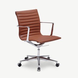  Cognac leather and chrome office chair with a tall, upright backrest and swivel base.