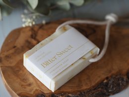 Handmade soap on a rope with a bitter sweet scent, made with natural ingredients.