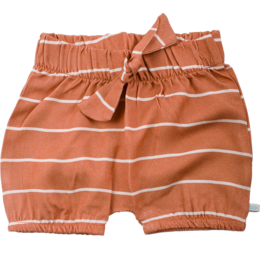 'Striped orange shorts with a bow detail, suitable for a young child. The shorts have an elastic waistband and a relaxed, comfortable fit.'