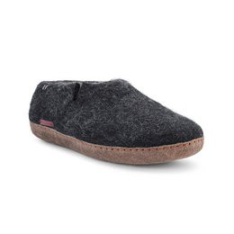 Classic felt slipper with leather sole, available in black. Comfortable and durable design suitable for indoor and outdoor wear.