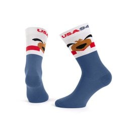 "USA 1994 socks in blue, white, and red with a graphic design featuring the USA flag and a hamburger. The socks are available in sizes L (41-46 UK, 7.5-11.5 US) and M (36-40 UK, 4-7 US)."