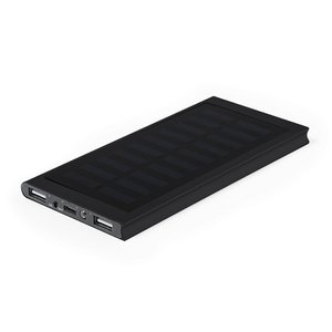 BLACK External auxiliary battery with solar recharge and high charging capacity -8,000 mAh-. Made of aluminium, with Type C input/output connector and 2 USB outputs.