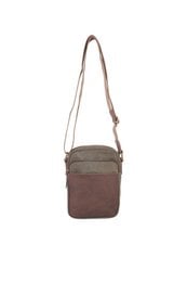 A medium-sized shoulder bag in a neutral color palette, featuring a rectangular shape, multiple pockets, and an adjustable strap for versatile carrying.