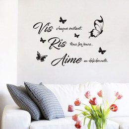 Black and white wall quote with butterflies, text reads "Vis Ris Aime" meaning "Live, Laugh, Love" in French. Decorative wall sticker for home decor.