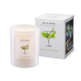  White cylindrical scented candle, gin and tonic fragrance, lime and botanical design, 220 gram luxury candle.