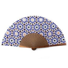  A decorative hand fan with a blue and white geometric pattern and a natural wood frame.