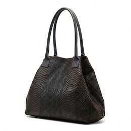  A large, dark brown leather tote bag with a textured snakeskin-like pattern. The bag has two sturdy handles and a simple, minimalist design.