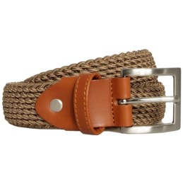 A 30 mm leather-trimmed viscose belt in a tan color, available in sizes XS to XXL. The belt features a woven texture and a metal buckle closure.