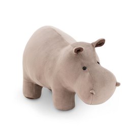  Soft, plush hippo stuffed animal in a neutral beige color. Rounded, cuddly shape with small black eyes and nose. Suitable for children as a toy or decorative piece.