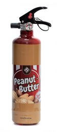 A fire extinguisher designed with a peanut butter theme, featuring a peanut butter jar-shaped body and a peanut butter cookie on the side.