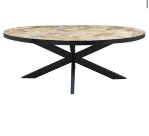 Luxe Mango houten eettafel naturel met visgraatpatroon met spinpoot 240x110x78