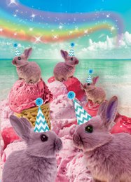 A group of pink rabbits gathered together, wearing party hats and surrounded by a colorful, whimsical background with rainbows and stars.