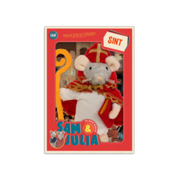 A plush toy mouse dressed in a red robe and hat, holding a golden staff, representing the Dutch Sinterklaas tradition.