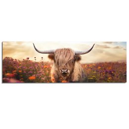  A panoramic poster featuring a close-up portrait of a Highland cow in a field of wildflowers, with a warm, golden sunset in the background. The poster has a rustic, nature-inspired aesthetic that would complement a variety of home decor styles.