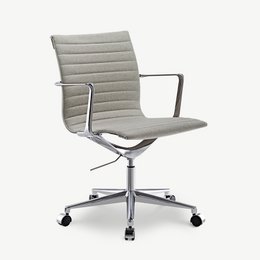 A gray fabric and chrome office chair with a swivel base and casters for mobility.