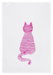 A white tea towel with a striped cat design in neon pink. The cat has a distinctive silhouette shape with stripes throughout its body.