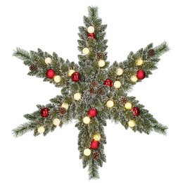  A large, green, frosted Christmas wreath with warm white LED lights and red and white ornaments. The wreath is approximately 90 cm in diameter and features a star-shaped design.