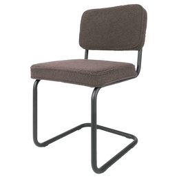 Brown upholstered dining chair with a sturdy metal frame and backrest.