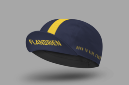  Navy blue cycling cap with yellow stripe, Flandrien text, structured design, sports headwear