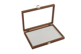  Wooden ring box with a luxurious design. Features a glass display window to showcase the contents.