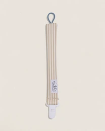 Blue gray striped fabric pacifier clip with loop attachment, vertical rectangular shape, minimalist design.