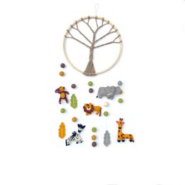 Colorful wall hanging with a tree of life design and various animal figures, including an elephant, lion, and giraffe. The materials used appear to be natural elements like wood, stones, and fabric.
