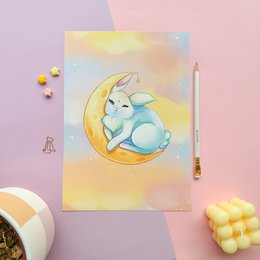  Adorable cat in pumpkin A5 print. Vibrant orange pumpkin, cute cat curled up inside, autumn leaves and flowers. Ideal for home decor, wall art, or gifts.