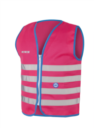 A bright pink kids' jacket with reflective stripes, suitable for outdoor activities.
