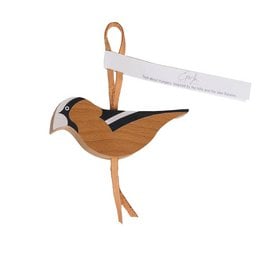 Wooden bird ornament with black and orange colors, featuring a distinctive beak and perched on a branch.