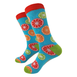 Colorful citrus-patterned socks in sizes S and L.