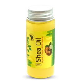 Yellow bottle of shea butter oil with green leaves and nuts on the label. Contains moisturizing and nourishing ingredients for skin and hair.