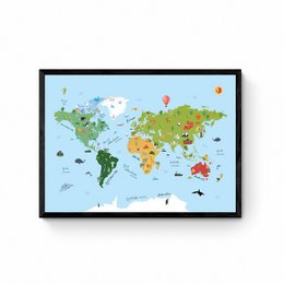  A colorful world map poster featuring various landmarks and animals across the continents. The map has a playful, illustrated style suitable for a child's room or educational setting.