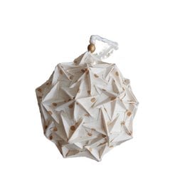 Decorative glass ball ornament, 8cm in size, made using Fairtrade materials. The ornament has a unique geometric pattern with a white and gold color scheme.
